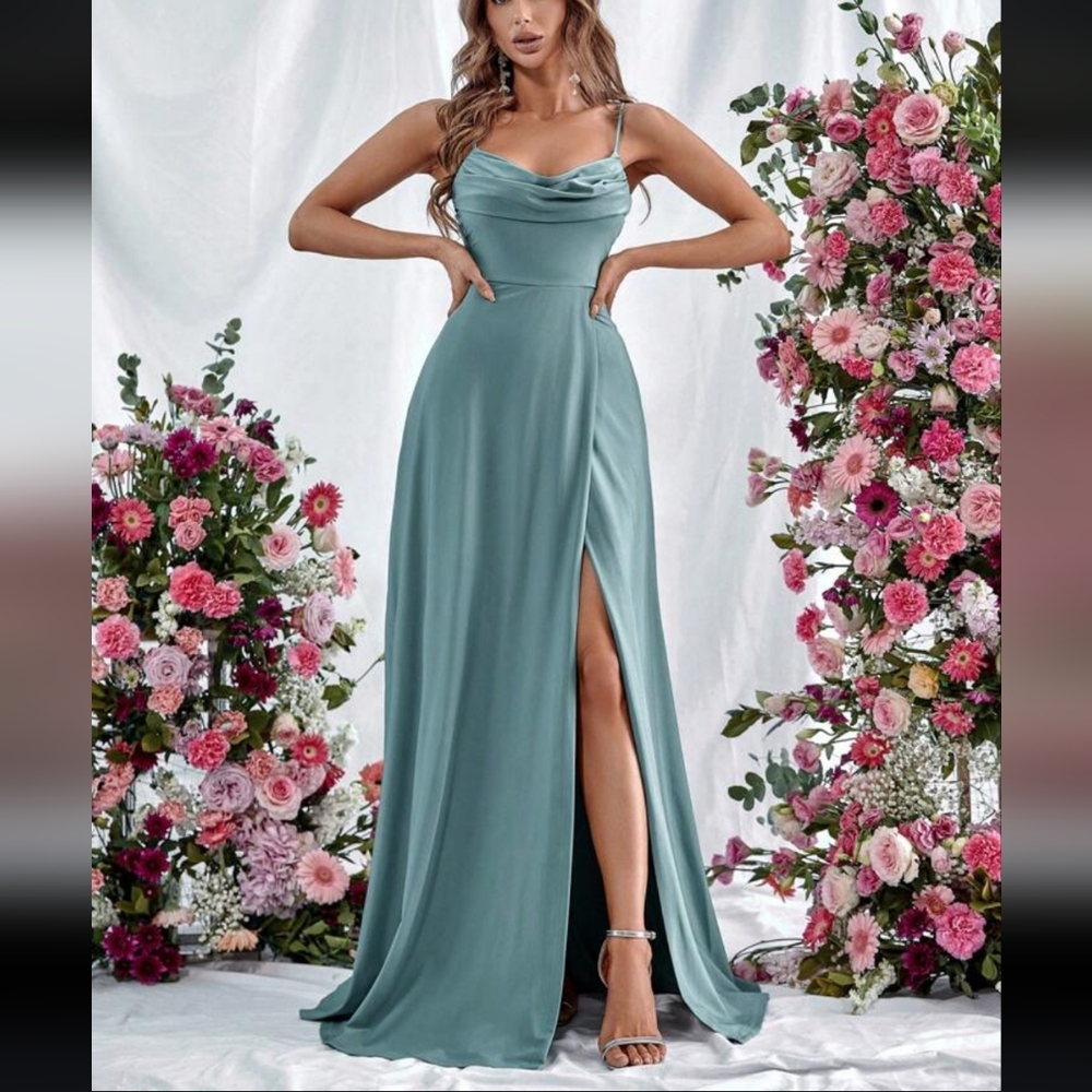 Teal Draped Collar Satin Dress